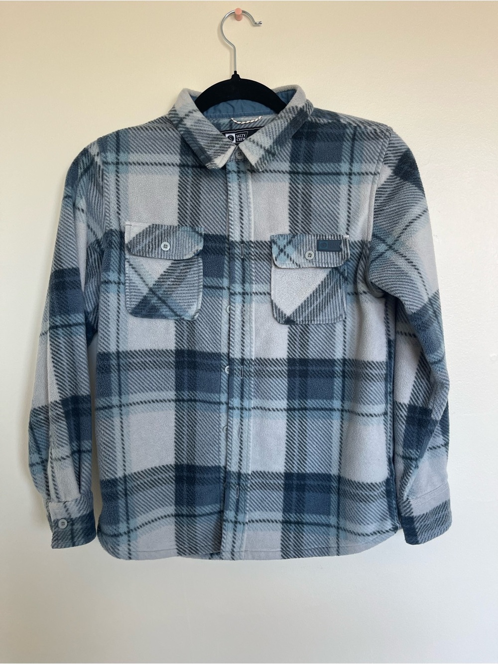 Salty Crew Light Blue and Gray Plaid Fleece Shirt Jacket
